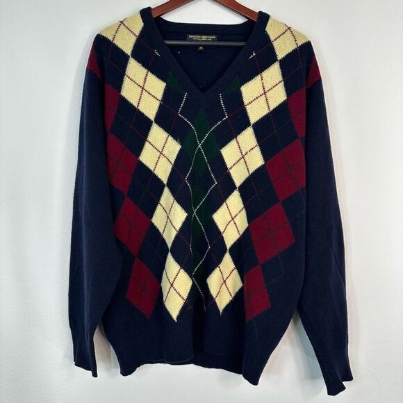 Vintage Brooks Brothers Lambswool Argyle Sweater Mens Large Grandpa England Made - Picture 1 of 10